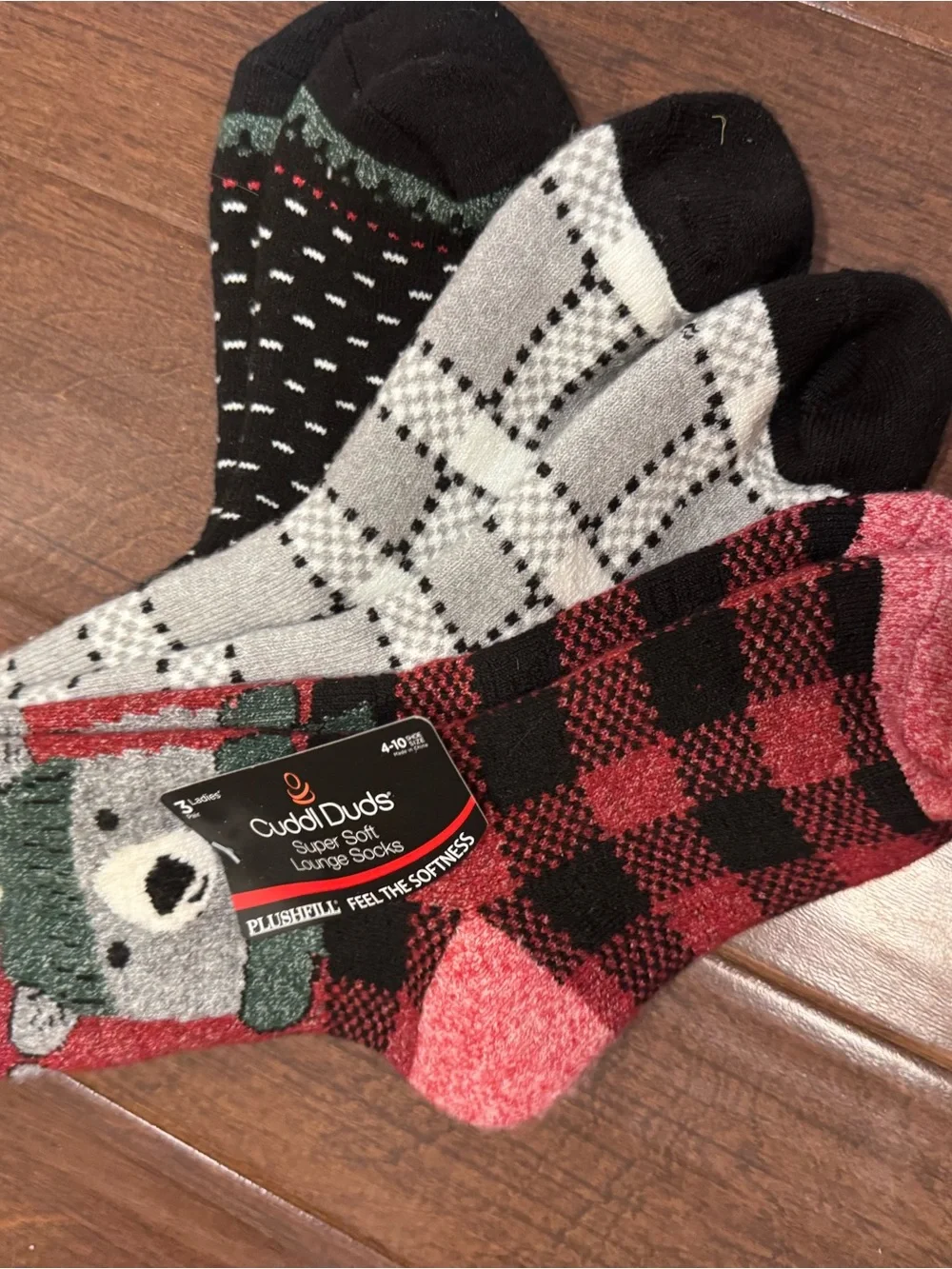 Cuddl Duds Black, Red & Gray Plaid and Patterned Lounge Socks - 3 Pack